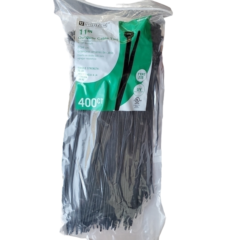 NEW Utilitech 11" outdoor Cable Ties 400ct double sided 75lb strength #4357203